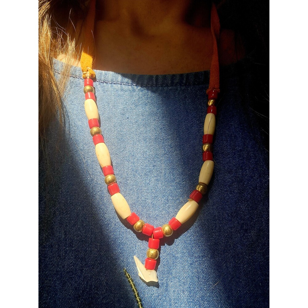 Vintage Boho Beaded Necklace - Suede Leather Tie - Bird Charm Red White Brown